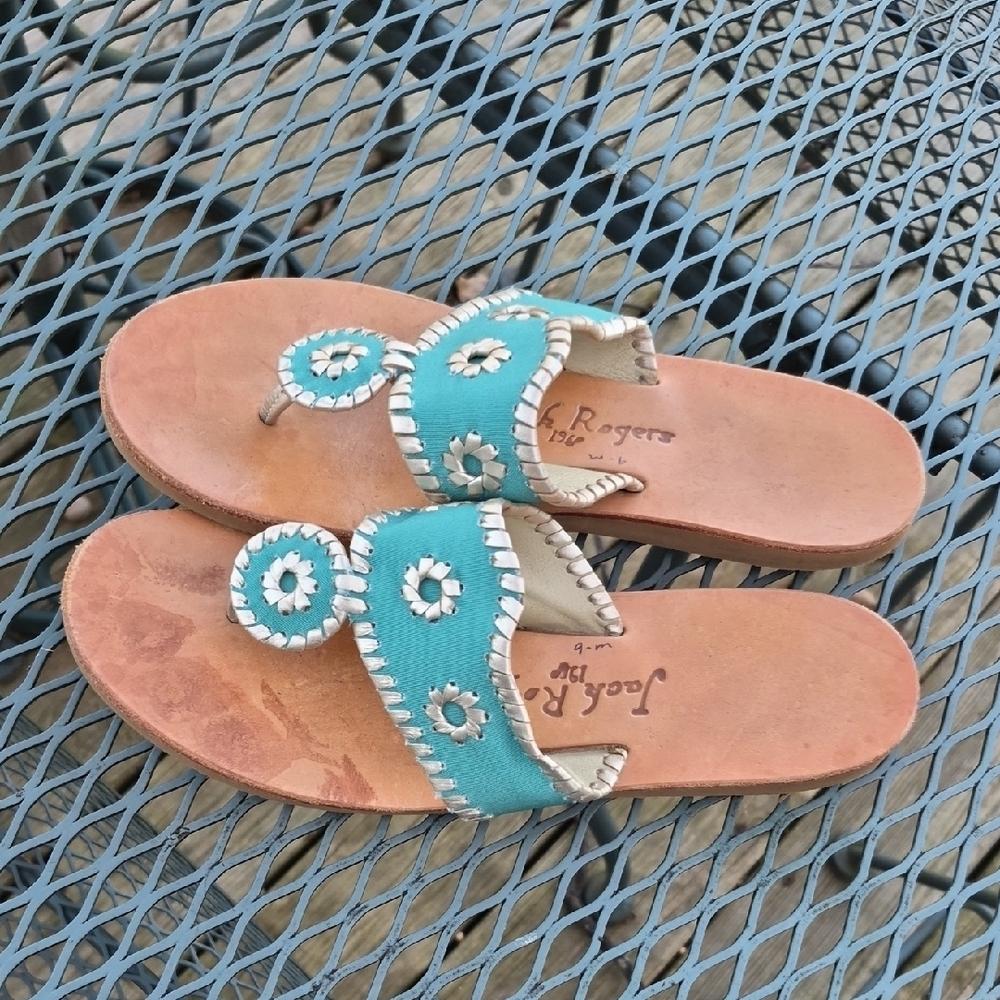 📚 Jack Rogers Women's Teal and Tan Flip Flop Sandals  BOOK SALE!